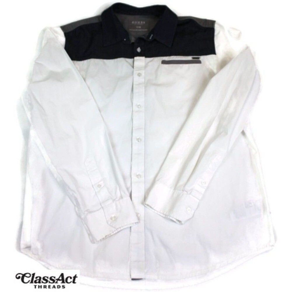 GUESS Los Angeles Mens Shirt Size L Large White Blue Color Block Long Sleeve